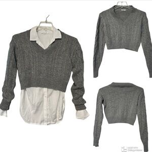 Immodel Gray Cable Knit cropped V-Neck Sweater